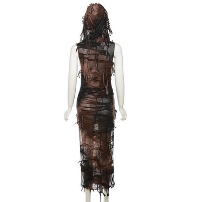 Distressed Layered Cowl Neck High Slit Sleeveless Maxi Dress