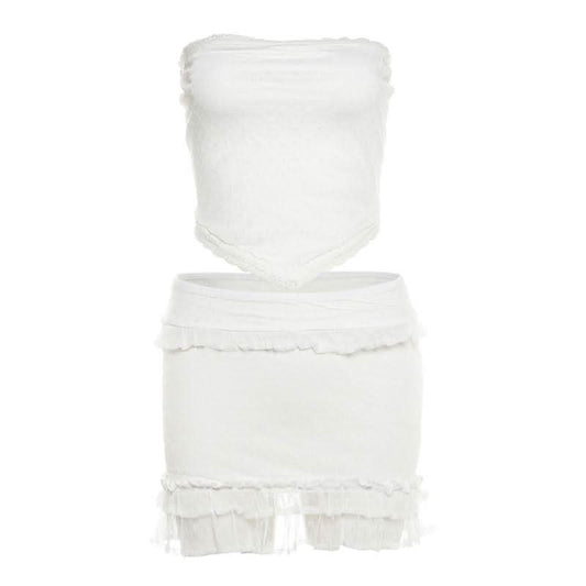 Lace hem backless ruffle tube mini skirt set