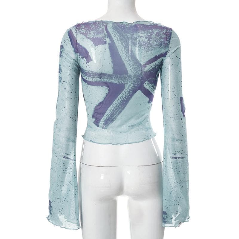 Sheer mesh see through flared sleeve contrast print 2-way top