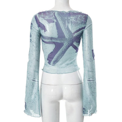 Sheer mesh see through flared sleeve contrast print 2-way top