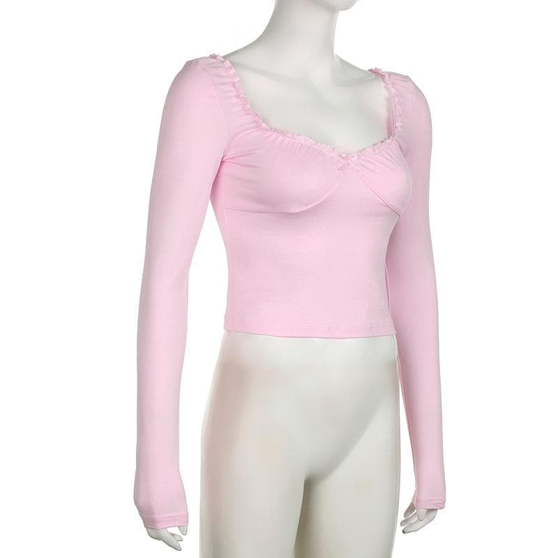 Long sleeve bowknot sweetheart neck ruffle top