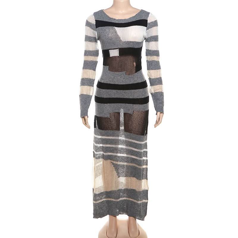 Crewneck long sleeve knitted striped print maxi dress