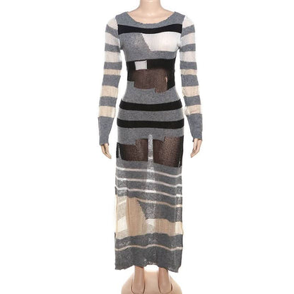Crewneck long sleeve knitted striped print maxi dress