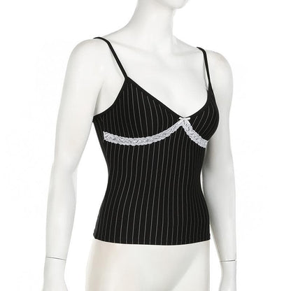 Bowknot lace hem striped v neck cami top