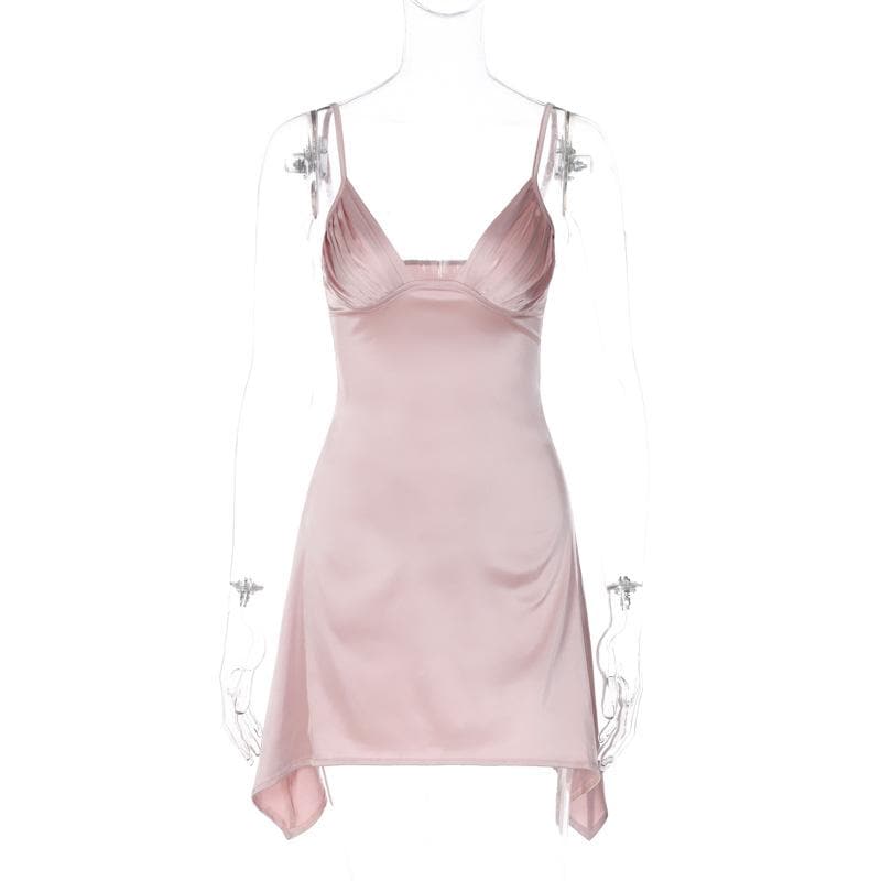 Ruched Bust Deep V Neck Spaghetti Strap Backless Mini Dress