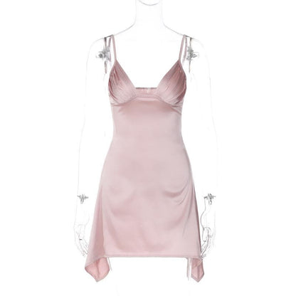 Ruched Bust Deep V Neck Spaghetti Strap Backless Mini Dress