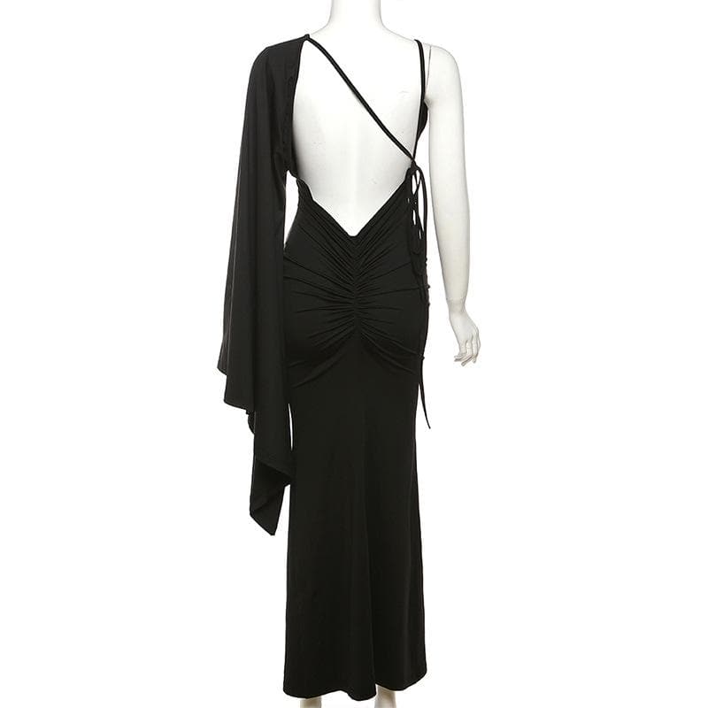 Deep V One Shoulder Angel Sleeve Mermaid Bodycon Maxi Dress