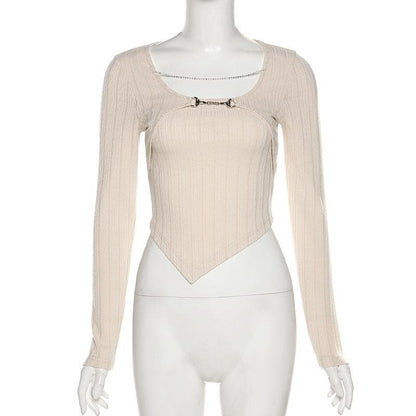 Long sleeve round neck metal chain buckle top