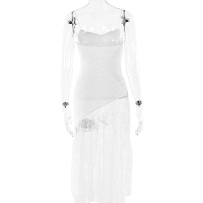 V neck ruched irregular lace spaghetti strap midi dress
