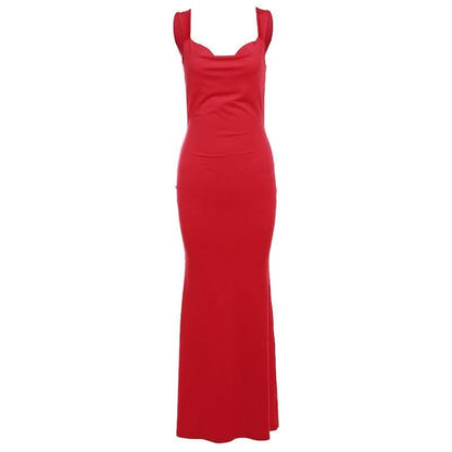 Cowl neck bowknot backless solid cami maxi dress-final-sale