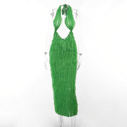 Halter Plunging V Neck Cutout Ruffle Tier Bodycon Maxi Dress