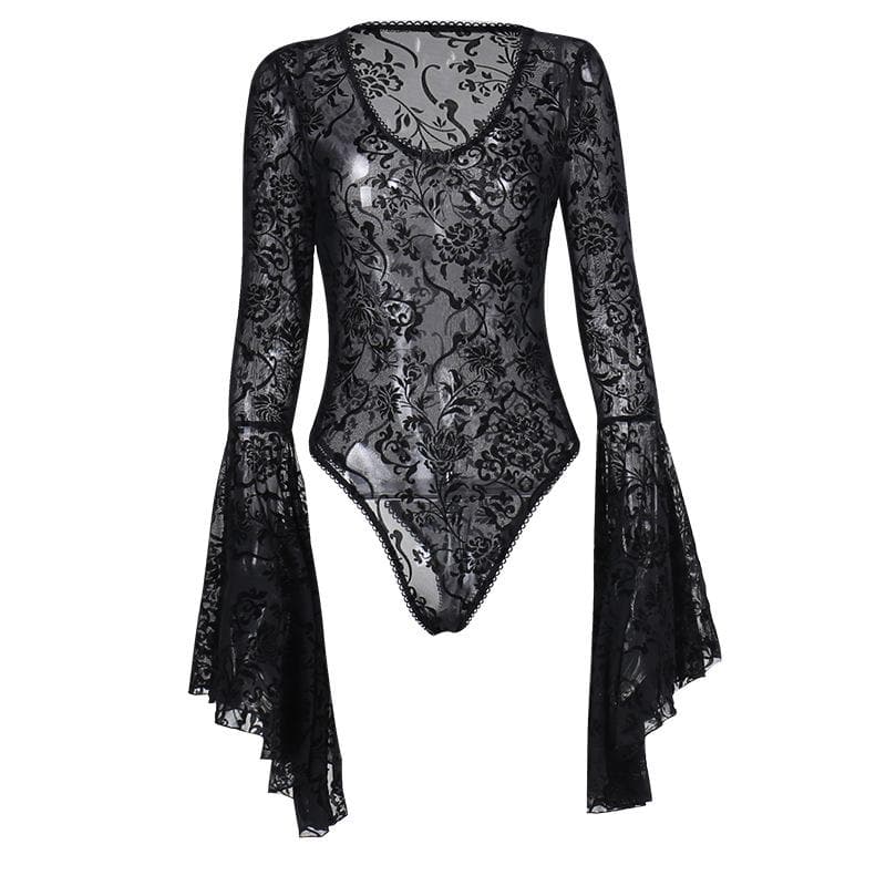 Long flared sleeve ruffle bowknot mesh see through bodysuit
