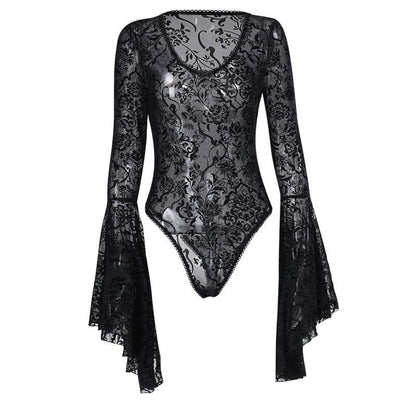 Long flared sleeve ruffle bowknot mesh see through bodysuit