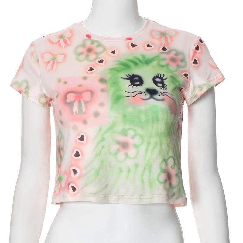 Crew neck short sleeve print crop top