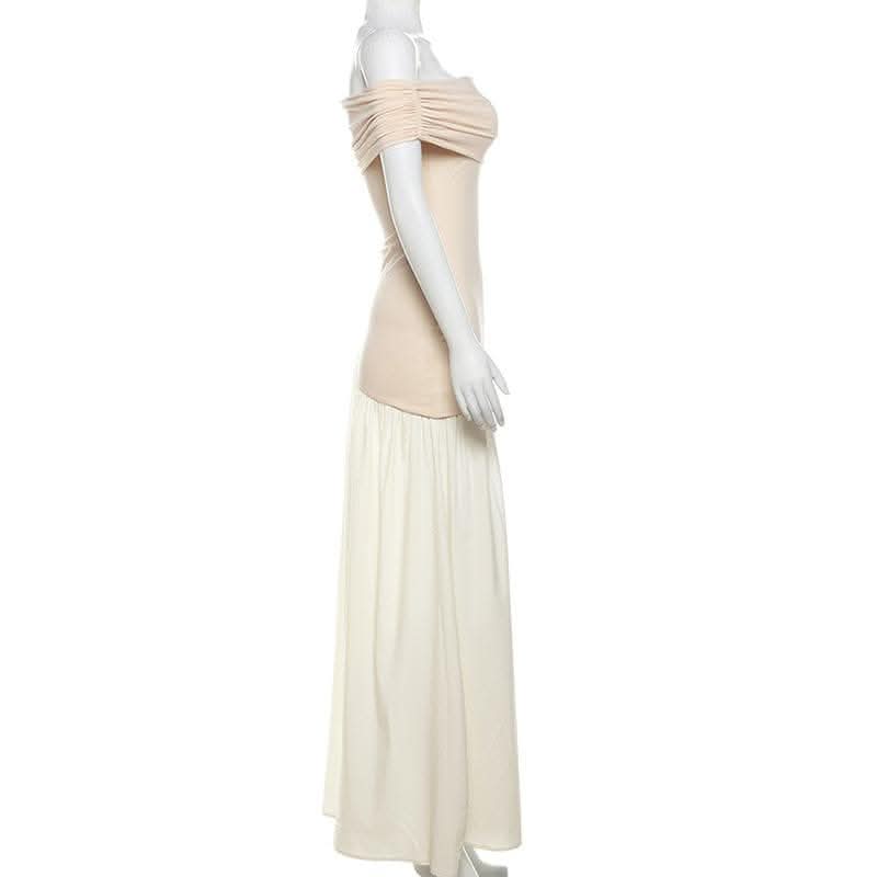 Off shoulder contrast backless maxi dress-final-sale