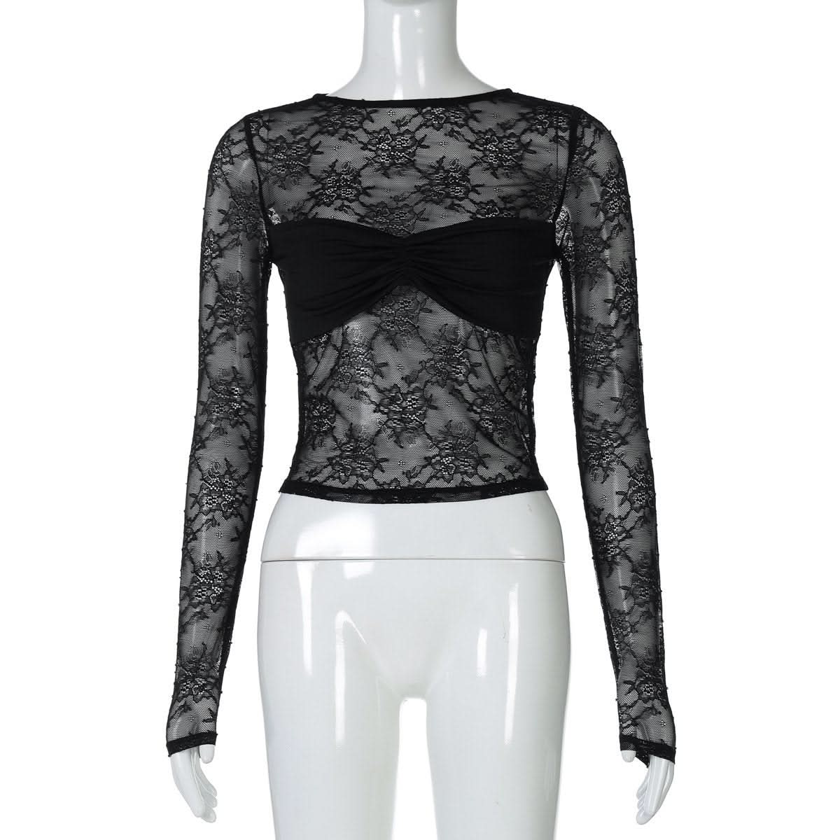 Long sleeve lace see through crewneck ruched top