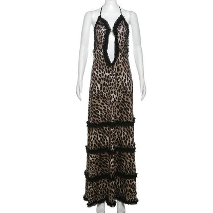 Halter deep v neck leopard print ruffle maxi dress-final-sale