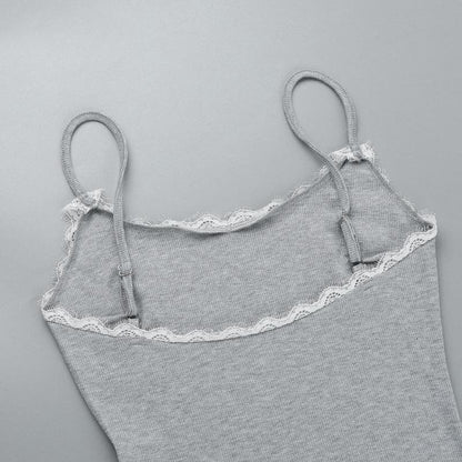 Bowknot lace hem ribbed cami romper