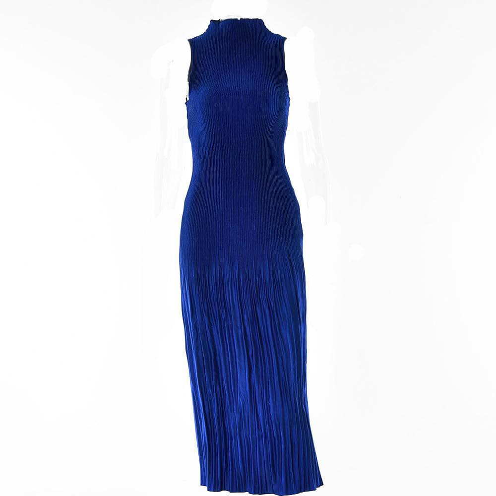 Plisse Pleated Mock Neck Sleeveless Bodycon Midi Dress