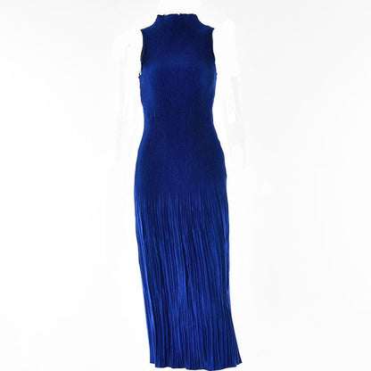 Plisse Pleated Mock Neck Sleeveless Bodycon Midi Dress