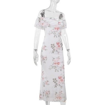 Off shoulder ruched flower print maxi dress