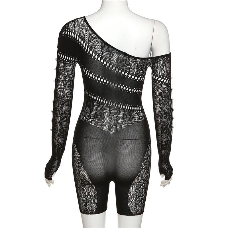 Off shoulder gloves long sleeve lace fishnet button see through romper