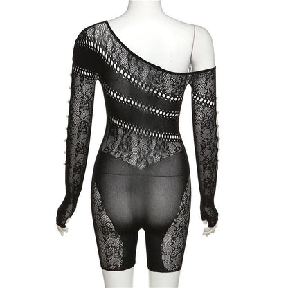 Off shoulder gloves long sleeve lace fishnet button see through romper