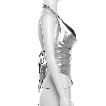 Halter metallic glitter cowl neck ruched 2 piece top