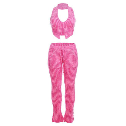 Textured striped contrast halter slit pocket v neck pant set