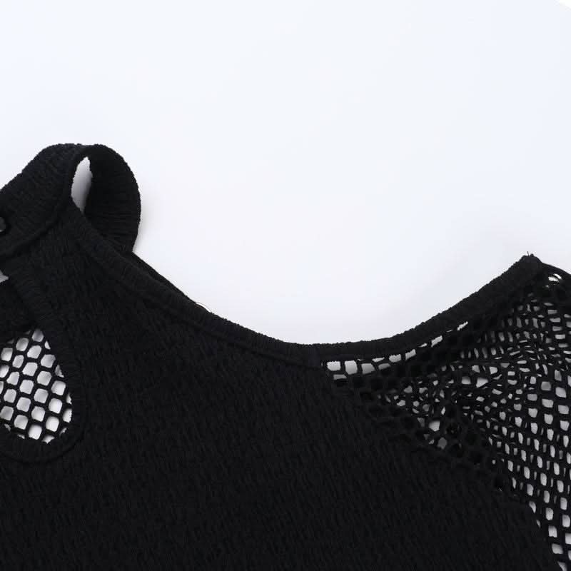 Off shoulder long sleeve fishnet patchwork buckle top