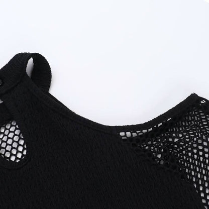 Off shoulder long sleeve fishnet patchwork buckle top