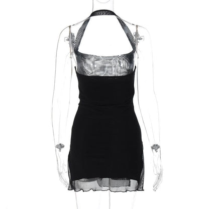Halter o ring high slit ruffle mesh mini dress