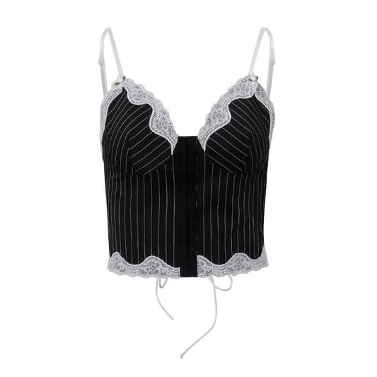 Striped lace hem stitch lace up cami top