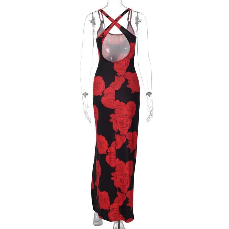 Rose print u neck slit cross back cami maxi dress-final-sale