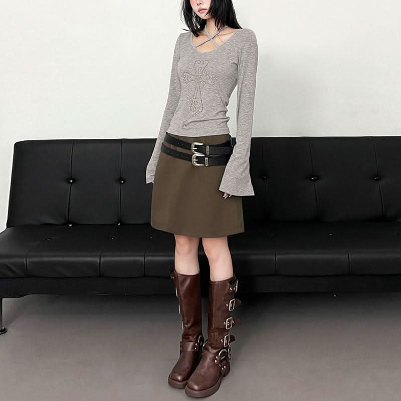 Halter long sleeve self tie beaded top