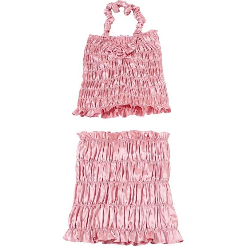 Halter drawstring ruched mini skirt set