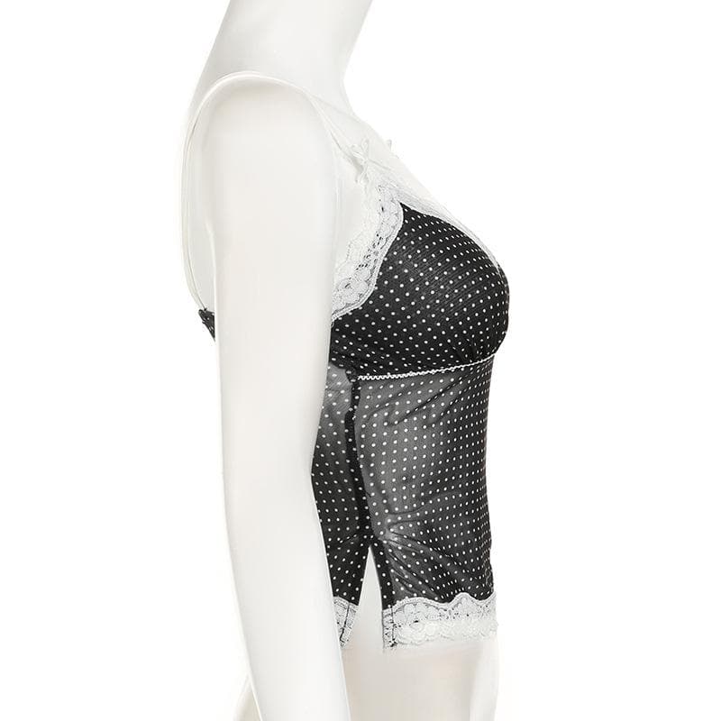 Polka dot lace hem mesh see through cami top