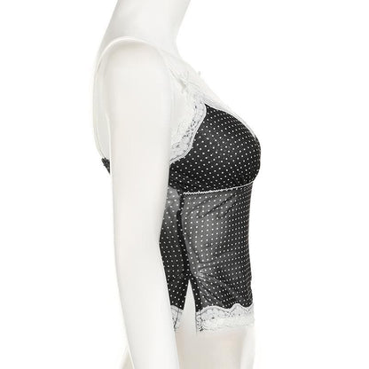 Polka dot lace hem mesh see through cami top