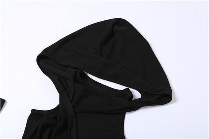 Rib Knit Hood Cowl Overlay Single Glove Sleeve Bodycon Mini Dress