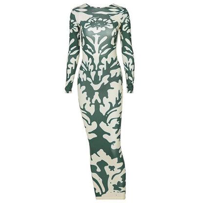 Long sleeve backless print midi dress