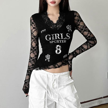 Long sleeve v neck lace print top