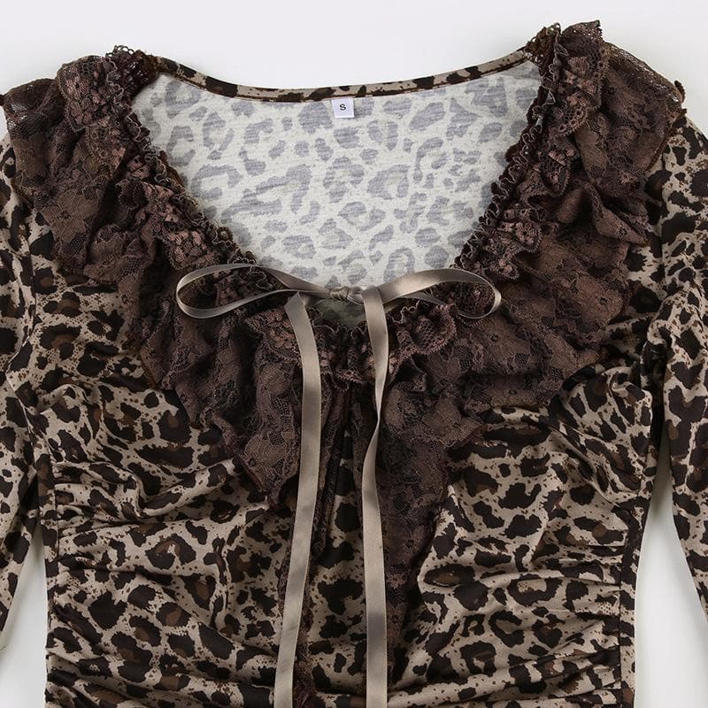 Long sleeve ruffle leopard print bowknot ribbon top