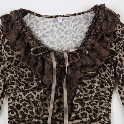 Long sleeve ruffle leopard print bowknot ribbon top