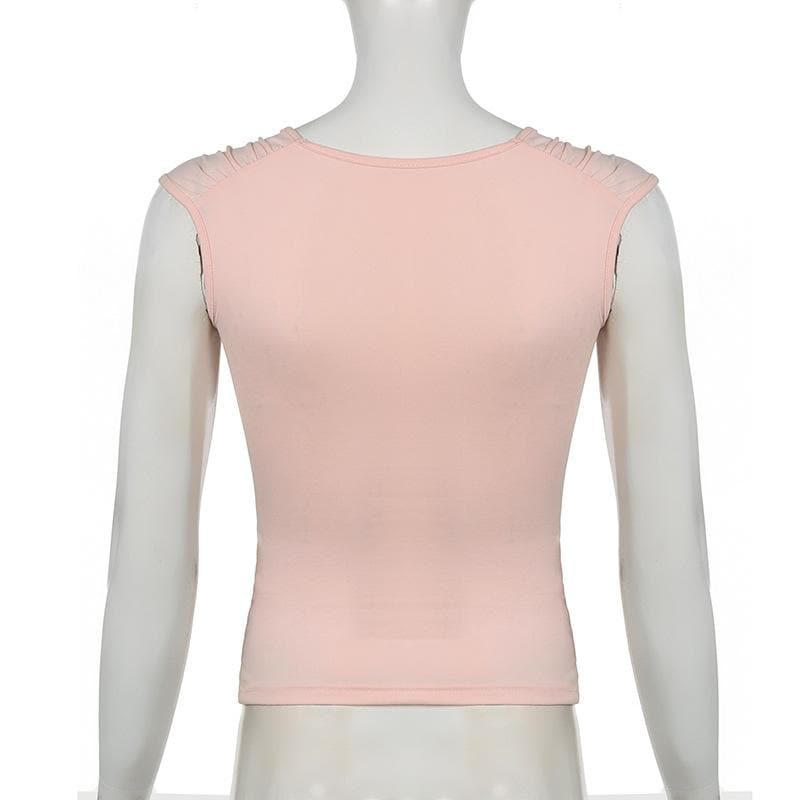 Bowknot beaded ruched u neck ruffle top