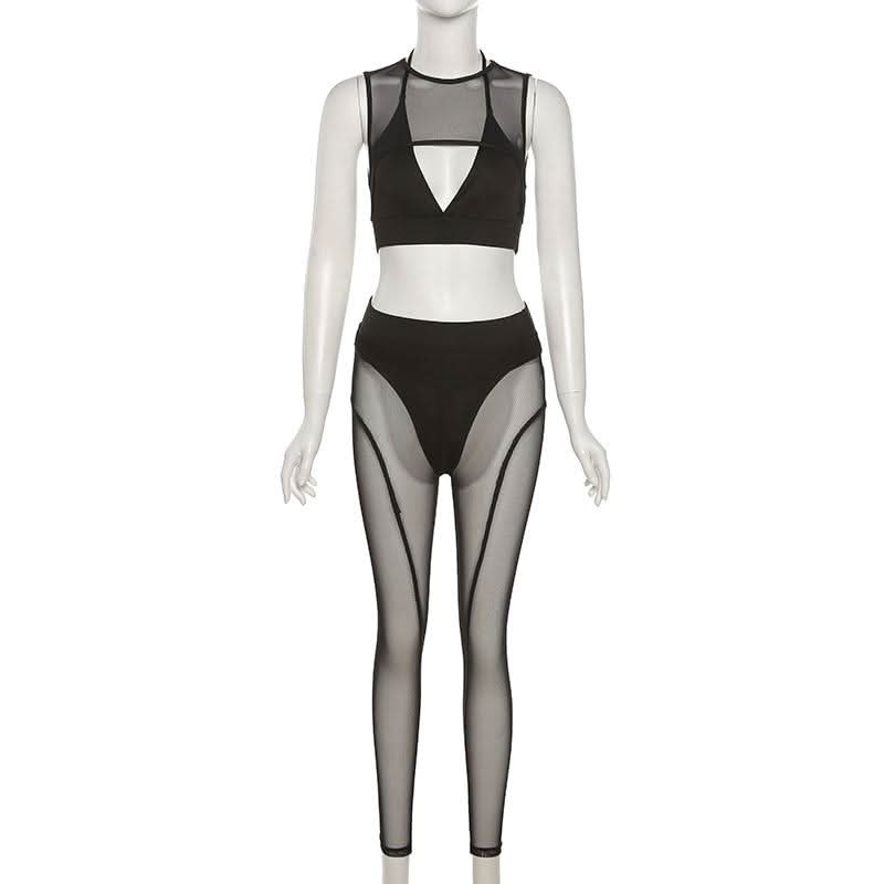 Crewneck hollow out mesh medium rise pant set