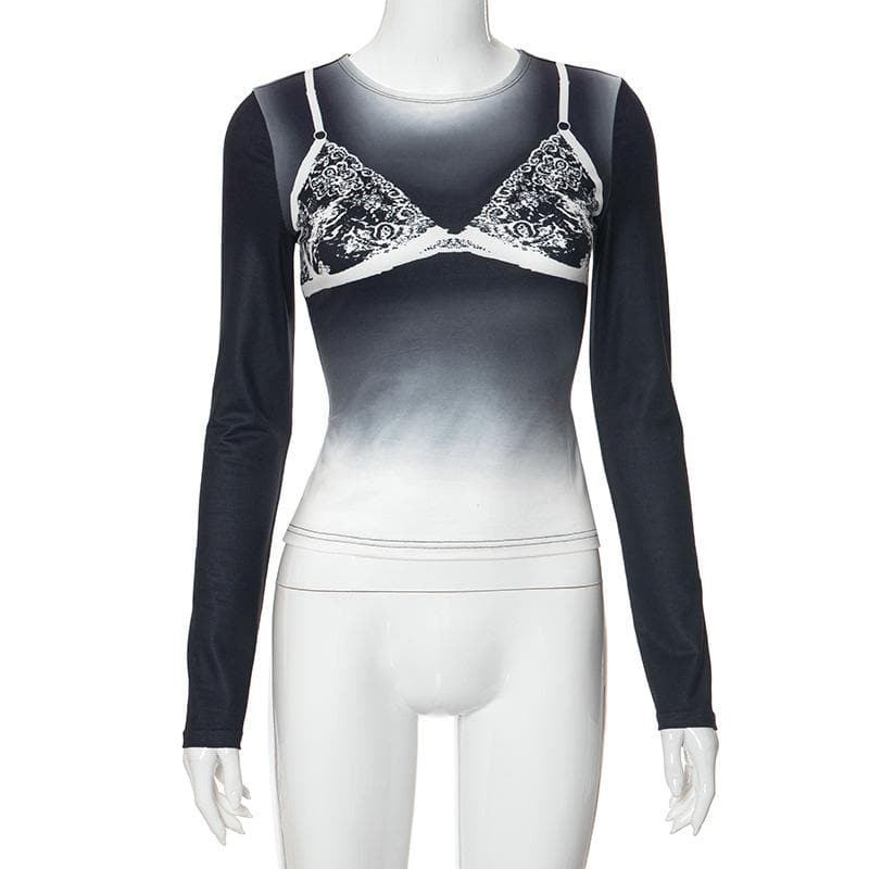 Long sleeve body print gradient crewneck contrast top