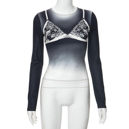 Long sleeve body print gradient crewneck contrast top