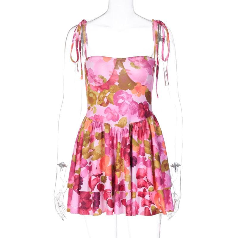 Floral Print Square Neck Tie Strap Tiered Ruffle Mini Dress
