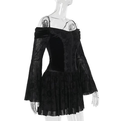 Off shoulder long flared sleeve velvet mini dress