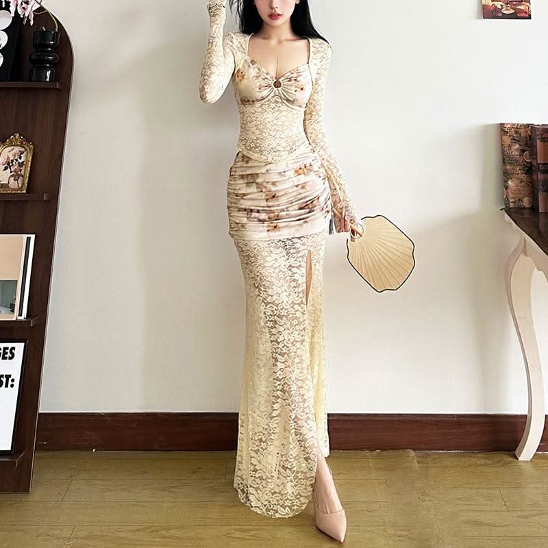 Long sleeve lace ruched print o ring hollow out cut out top